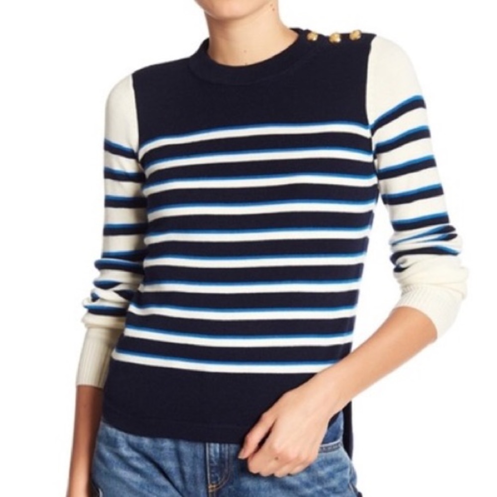 Veronica Beard Amos Striped Merino Button Sweater